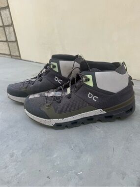 On Running Men’s Mid-Top Trail Shoes - Gray with Olive and Light Green Accents